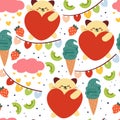 Seamless pattern cute cartoon animals with pink element. for valentine card, wallpaper, gift wrapping paper Royalty Free Stock Photo