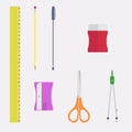 school supplies collection. ruler, eraser, pencil, pen, sharpener and compass. illustrations for back-to-school graphic materials Royalty Free Stock Photo