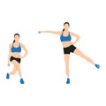 Woman doing Curtsy lunge side kick lateral raise exercise