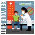 Health care worker gives child Covid vaccine. Vector illustration.