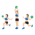 Woman doing Reverse lunge medicine ball overhead press exercise