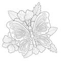 Decorative butterfly with simple patterns, flowers and leaves on a white isolated background. Insect.