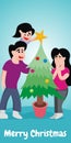 Illustration vector graphic of a child is putting a star on a christmas tree with his family