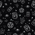 Occult seamless pattern with witchy and pagan elements. Repeat background with spellbooks, tarot cards, amethyst crystals, stars