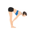 Woman doing standing half forward bend pose ardha uttanasana exercise.