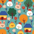 Seamless pattern cute cartoon animals and plant. for kids wallpaper, fabric pattern, gift wrapping paper Royalty Free Stock Photo