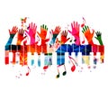 Music background with colorful piano keys, musical notes and hands vector illustration. Music festival poster, live concert events Royalty Free Stock Photo