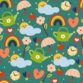 Seamless pattern cartoon morning stuff and view. for kids wallpaper, fabric print, gift wrapping paper