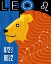 Zodiac sign Leo. Abstract retro design with lion, symbols and constellation. Royalty Free Stock Photo