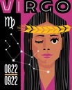 Zodiac sign Virgo, Abstract retro design with Virgin maiden and wheat, symbols and constellation.