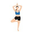 Woman doing tree pose vrksasana exercise. Flat vector