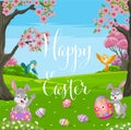 Happy little bunnies cartoon with easter eggs in spring forest