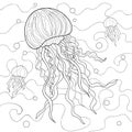 Doodle big and little jellyfishes with simple patterns, waves and bubbles.