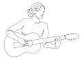 Silhouette of a beautiful woman with a guitar in a modern continuous line style. Girl guitarist, slender. Continuous line drawing, Royalty Free Stock Photo