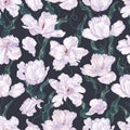 Seamless floral pattern with white tulips, unusual kind crossed with irises.