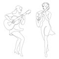 Collection. Silhouette of a beautiful woman with a guitar in a modern continuous line style. Girl guitarist, slender. Aesthetic de Royalty Free Stock Photo