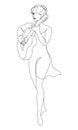 Silhouette of a beautiful woman with a guitar in a modern continuous line style. Girl guitarist, slender. Continuous line drawing, Royalty Free Stock Photo