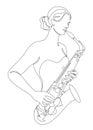 Silhouette of beautiful woman playing saxophone in continuous line modern style. Saxophonist girl, slim. Aesthetic decor sketches,