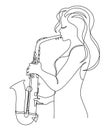 Silhouette of beautiful woman playing saxophone in continuous line modern style. Saxophonist girl, slim. Aesthetic decor sketches,