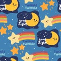 Seamless pattern hand drawing cartoon stars, rainbow, night sky, moon for kids wallpaper, fabric print, textile
