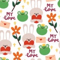 Seamless pattern hand drawing bunny, frog, flower and letter for kids wallpaper, fabric print, textile, gift wrap paper Royalty Free Stock Photo