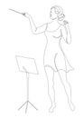 Silhouette of a woman with a conductor`s baton in a modern continuous line style, beauty. Lady Conductor. Aesthetic decor sketches