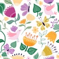 Springtime floral seamless pattern with flowers, butterflies and birds