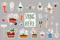 Spring stickers collection with seasonal elements, gardening, tools, plants and flowers Royalty Free Stock Photo