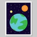 Wall art. Image view of earth, moon, sun and stars in outer space. Suitable for wall decoration in the room. Vector illustration Royalty Free Stock Photo