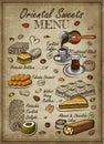 Sketch drawing Oriental Sweets menu. Outline Turkish coffee, black tea Royalty Free Stock Photo