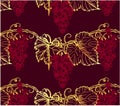 Sketch drawn wine pattern with bordo grapes and gold leaves on branch isolated on red background. Royalty Free Stock Photo