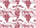 Sketch hand drawn red wine pattern with bordo grapes and leaves on branch on white background. Outline drawing alcohol drink Royalty Free Stock Photo