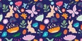 Springtime floral seamless pattern with flowers, butterflies, rabbits and birds Royalty Free Stock Photo