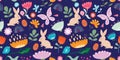 Springtime floral seamless pattern with flowers, butterflies, rabbits and birds