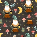 Seamless pattern with  gnome, insect, frog and mushrooms Royalty Free Stock Photo