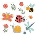 Set of isolated cute insect and flowers