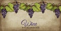 Sketch hand drawn Wine poster with blue grapes and green leaves on branch isolated on vintage background. Royalty Free Stock Photo