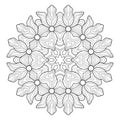 Decorative mandala with simple flowers, striped patterns on a white isolated background.