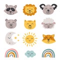 Set of isolated baby animals faces, rainbow, moon, sun, cloud