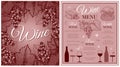 Sketch drawing Wine menu poster with grapes, champagne bottle and drinking glass isolated on pink background. Royalty Free Stock Photo