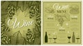 Sketch drawing Wine menu poster with grapes, champagne bottle and drinking glass isolated on green background. Royalty Free Stock Photo