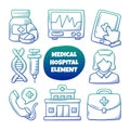 Simple Hospital and medical doodle element collection