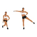 Woman doing Curtsy lunge side kick lateral raise exercise.