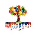 Relaxing music concept with tree, piano keyboard and musical notes isolated vector illustration. Calming colorful musical design,