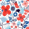 Abstract floral seamless pattern with decorative flowers and birds, doodle style, spring and summer background