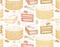 Sketch drawing pattern of orange Carrot cake isolated on white background. Outline drawn wallpaper