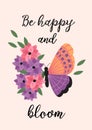 Poster with violet decorative butterfly and flowers Royalty Free Stock Photo