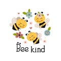 Poster with cute kind bees and flowers