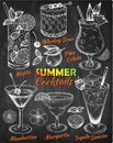 Chalk drawing set of summer cocktails on blackboard. Hand drawn sketch alcohol drinks,