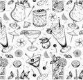 Sketch drawing pattern of Summer alcoholic cocktails isolated on white background. Engraved drink wallpaper. Royalty Free Stock Photo